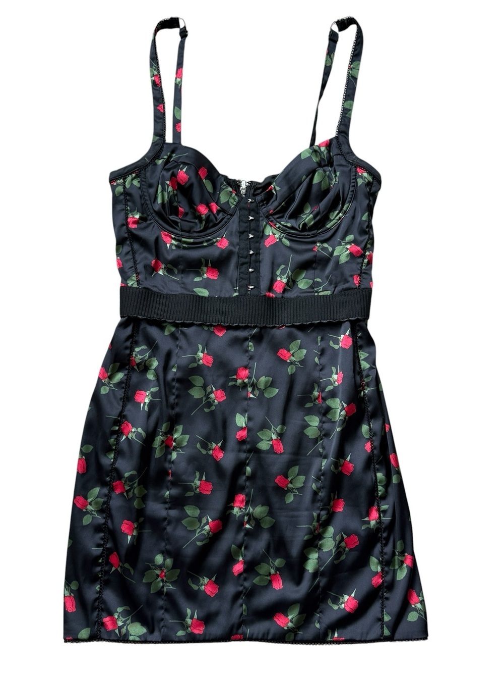 For Love & Lemons Black Rose Satin Corset Mini Dress Slip Cottagecore Coquette S